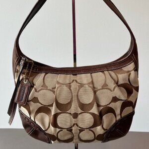 COACH Signature Hobo Brown Leather Trim Shoulder Handbag